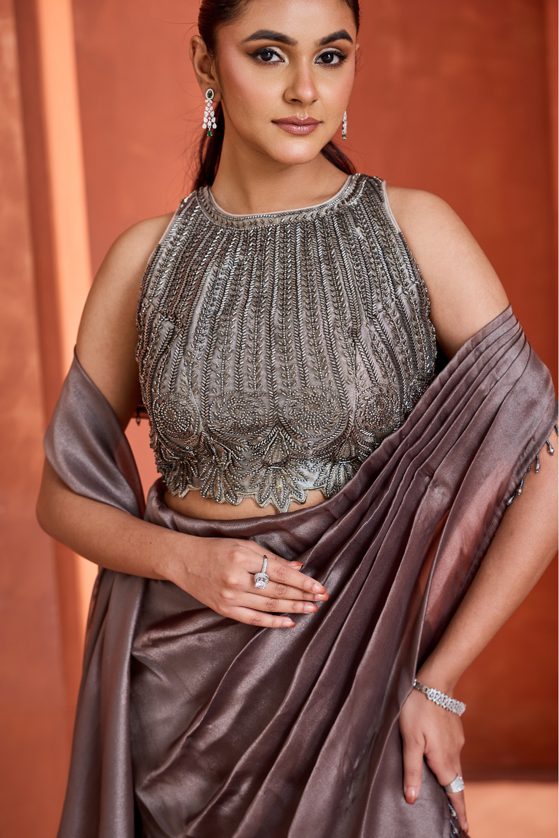 Steel grey Mermaid drape skirt and blouse