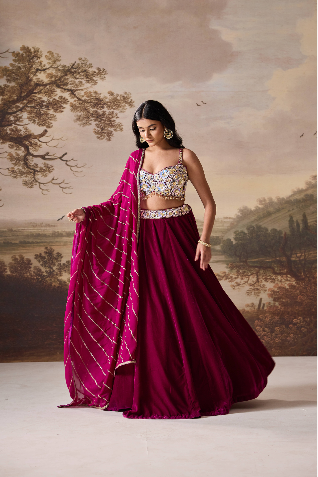 Purple emb bustier and velevt lehnga set