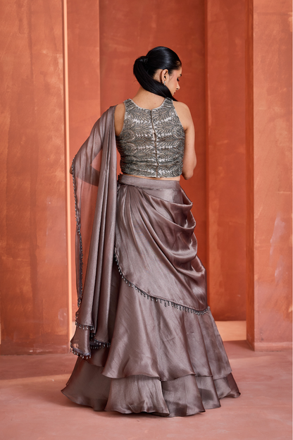 Steel grey Mermaid drape skirt and blouse