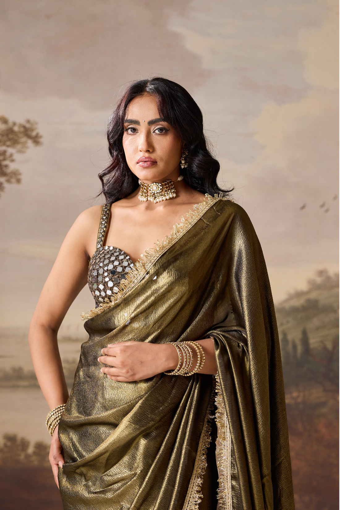 Olive ready to wear saree and blouse