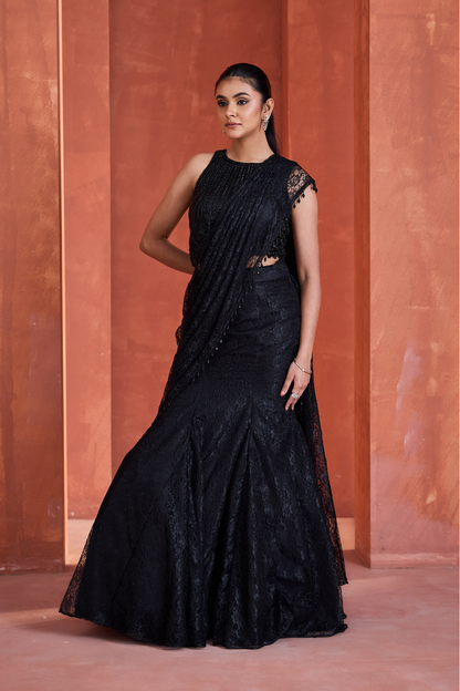 Black shandle lace mermaid skirt with pallu and blouse