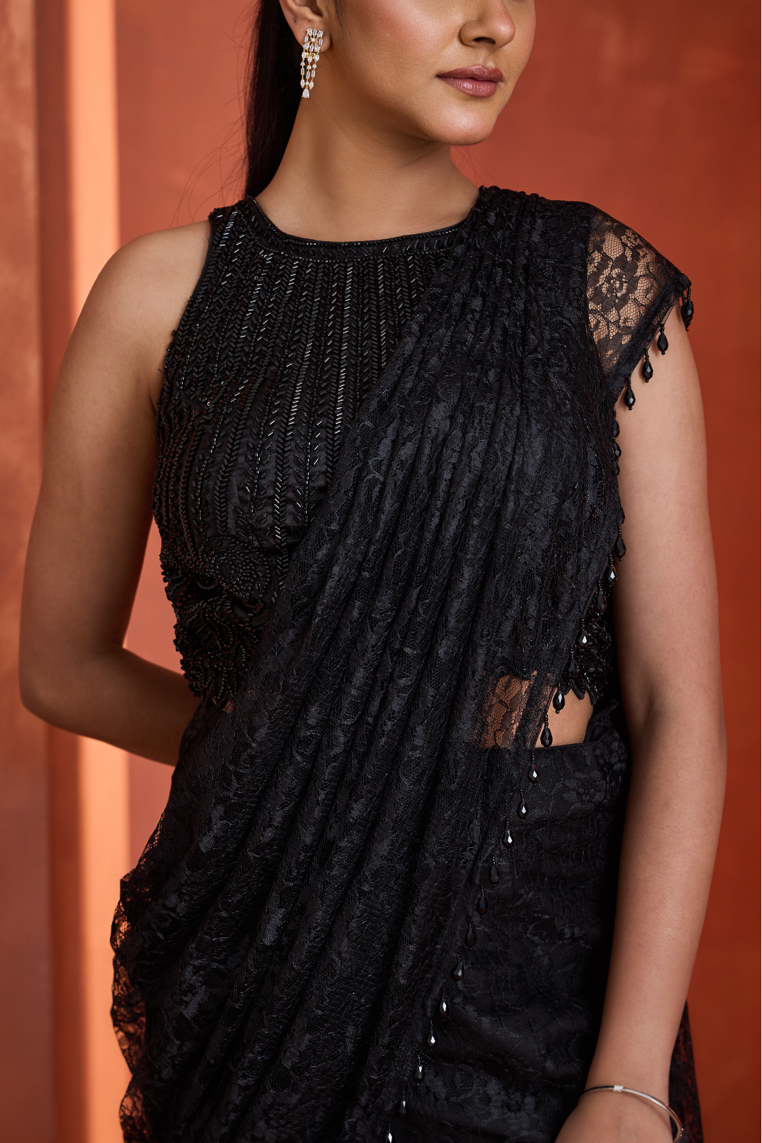 Black shandle lace mermaid skirt with pallu and blouse