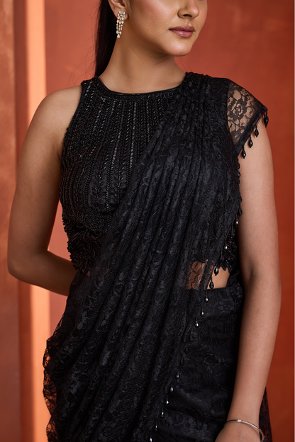 Black shandle lace mermaid skirt with pallu and blouse