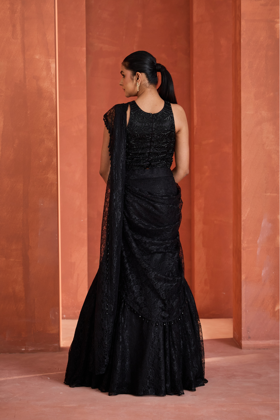 Black shandle lace mermaid skirt with pallu and blouse