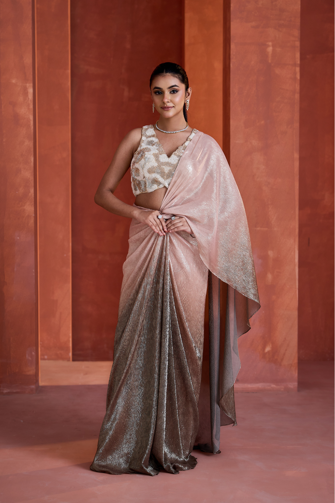 Ombre pink drape skirt and blouse