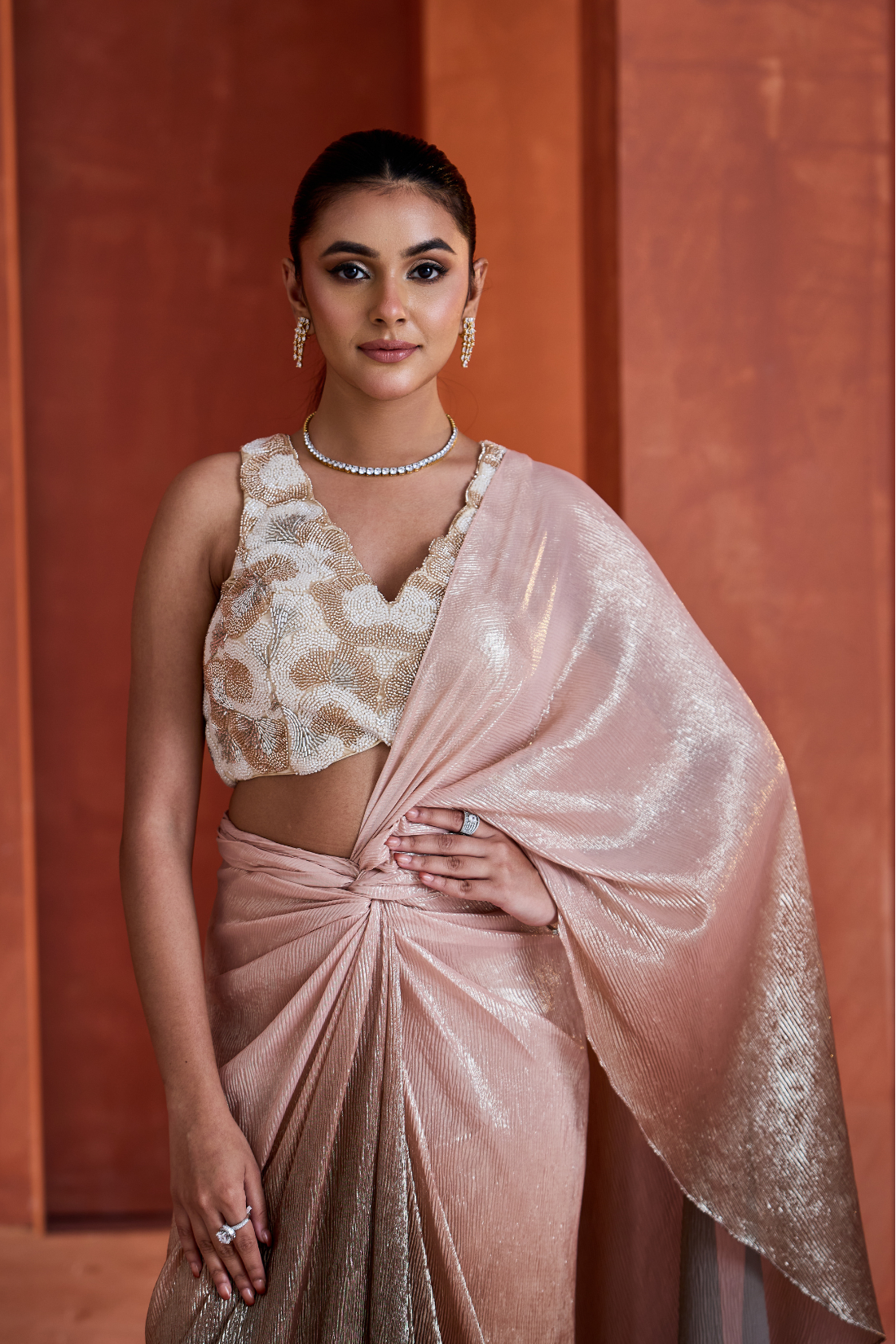Ombre pink drape skirt and blouse