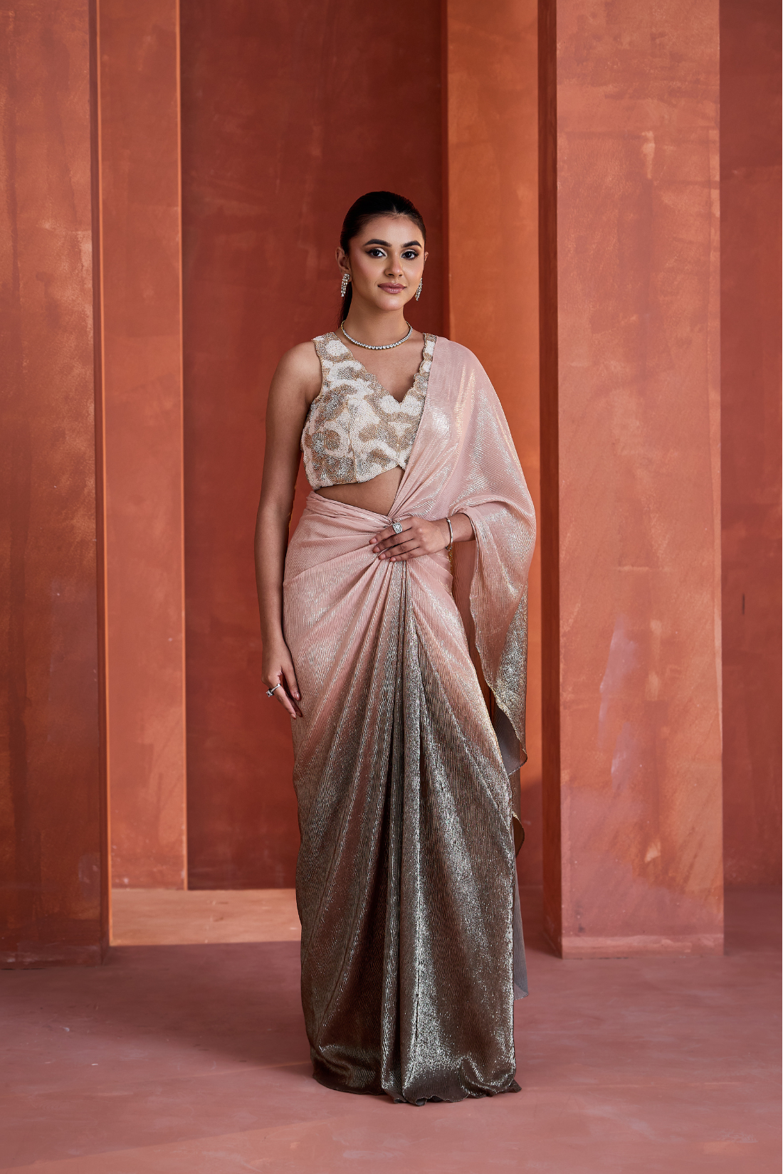 Ombre pink drape skirt and blouse