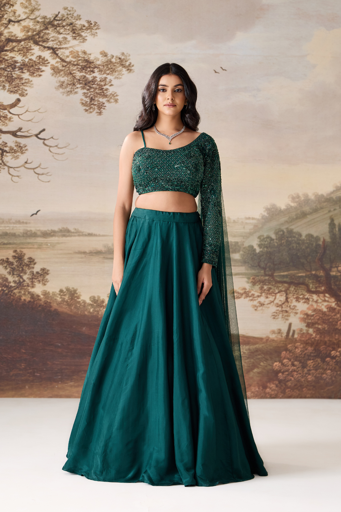 Emerald green One-Shoulder Embroidered Lehenga Set