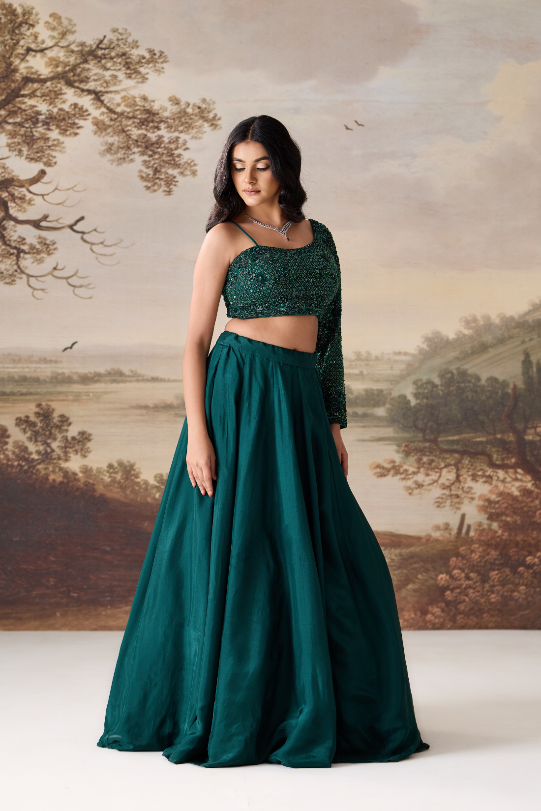 Emerald green One-Shoulder Embroidered Lehenga Set