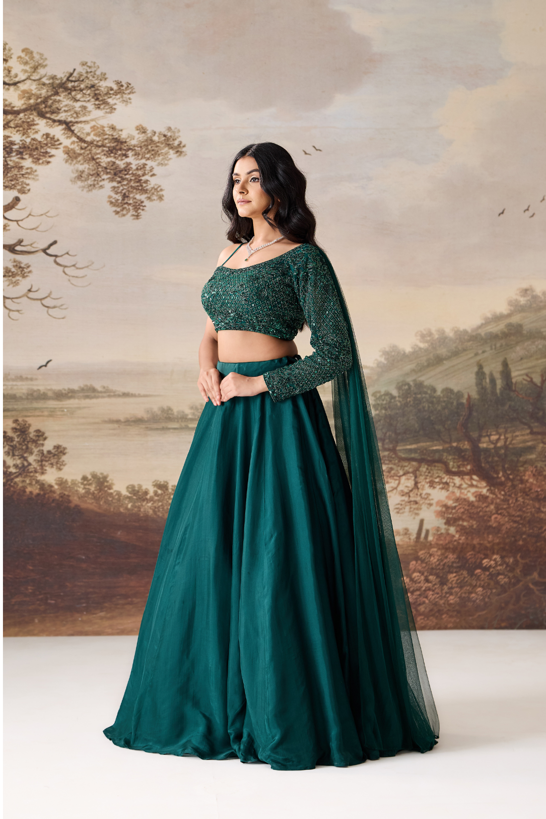 Emerald green One-Shoulder Embroidered Lehenga Set