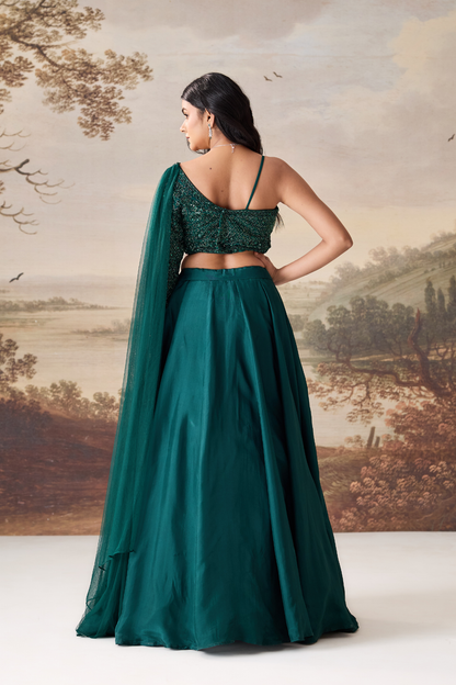 Emerald green One-Shoulder Embroidered Lehenga Set