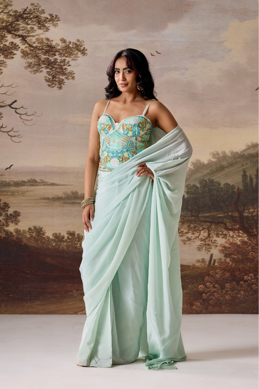 Mint green emb Corset, stitched saree set