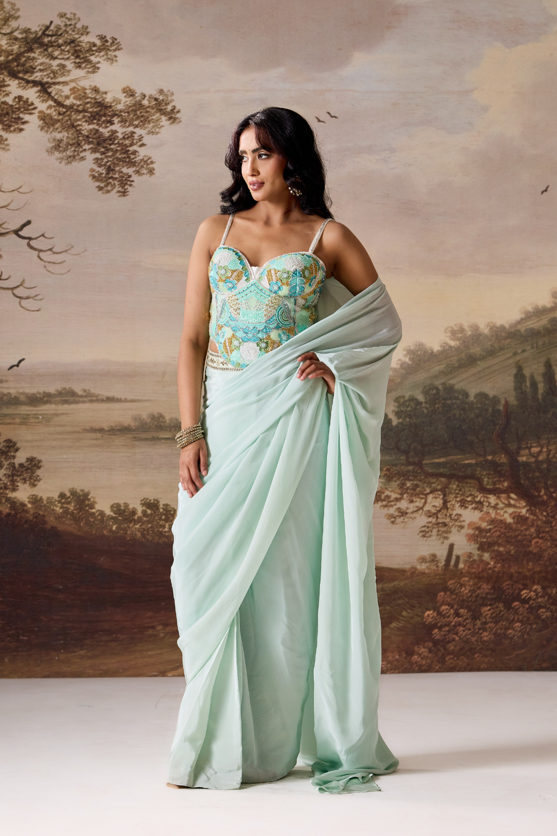 Mint green emb Corset, stitched saree set