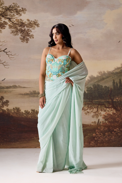Mint green emb Corset, stitched saree set