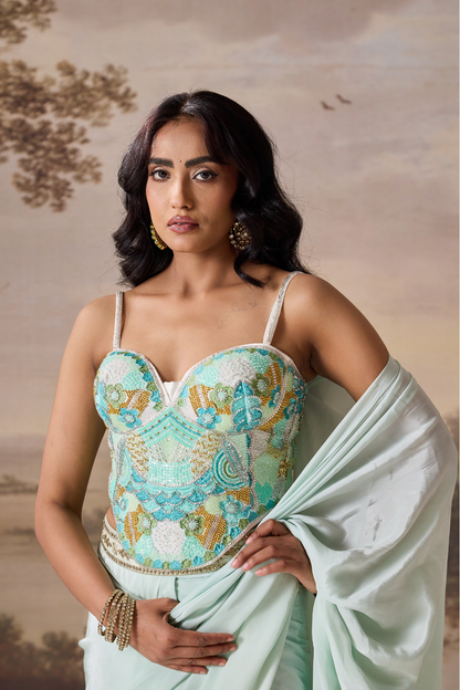 Mint green emb Corset, stitched saree set