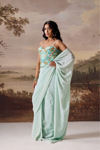 Mint green emb Corset, stitched saree set