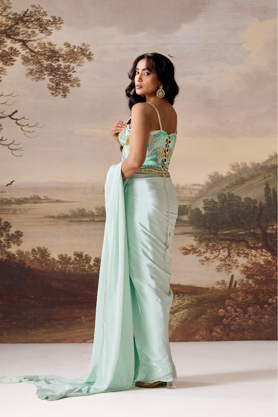 Mint green emb Corset, stitched saree set