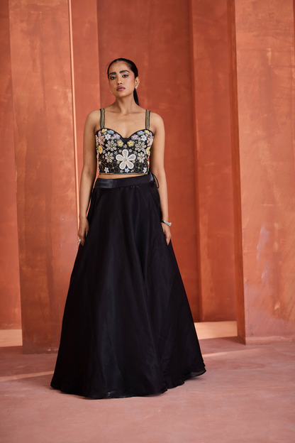 Black emb corset, lehnga set