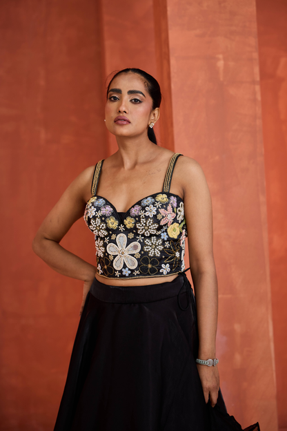 Black emb corset, lehnga set