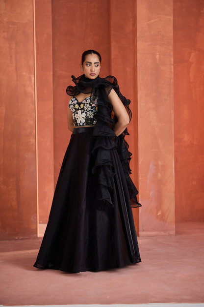 Black emb corset, lehnga set