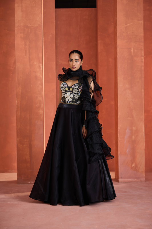 Black emb corset, lehnga set