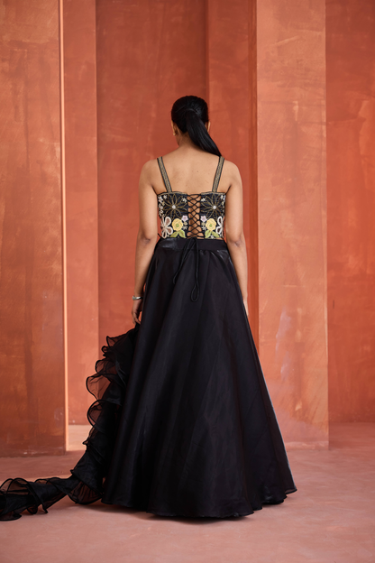 Black emb corset, lehnga set