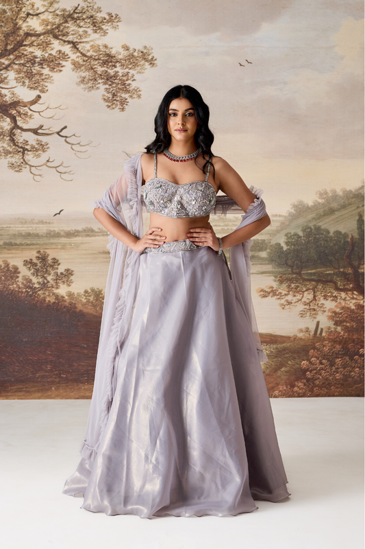 Silver grey emb blouse, lehnga dupatta set