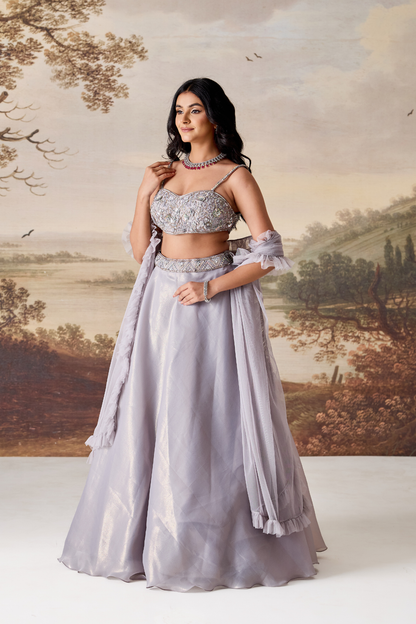 Silver grey emb blouse, lehnga dupatta set