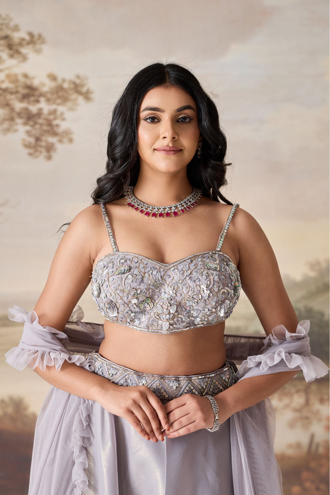 Silver grey emb blouse, lehnga dupatta set