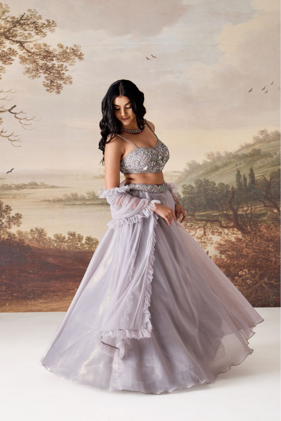 Silver grey emb blouse, lehnga dupatta set