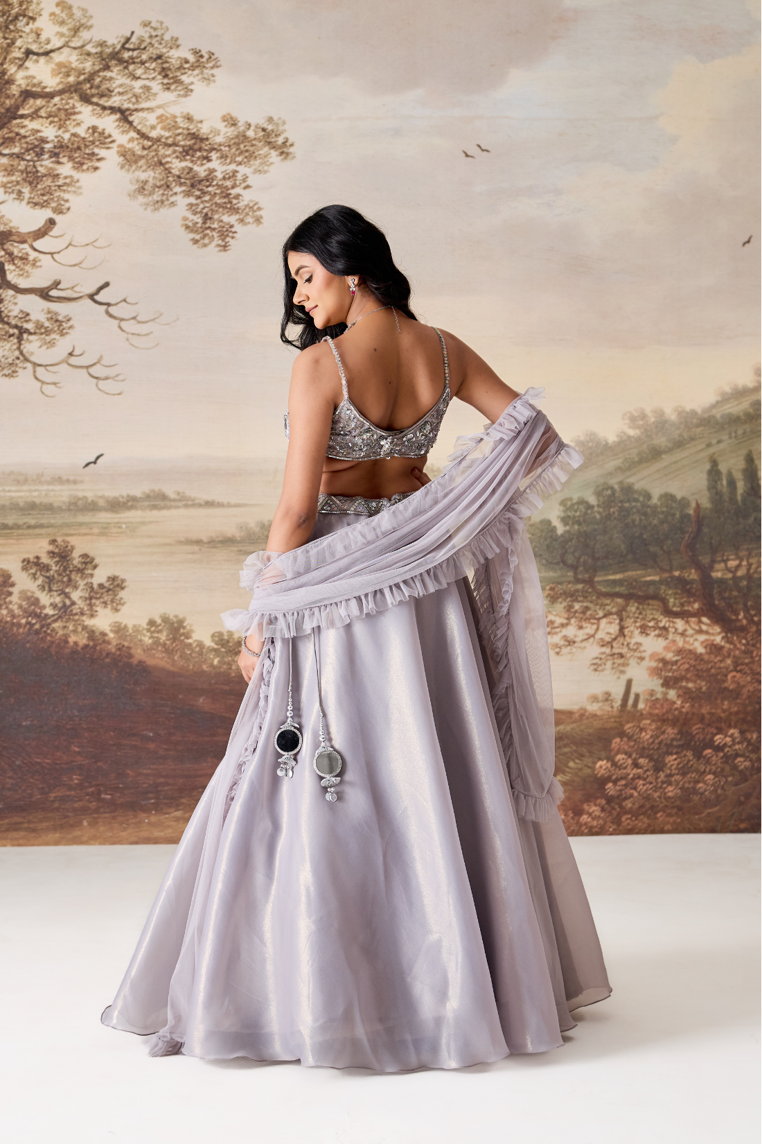 Silver grey emb blouse, lehnga dupatta set