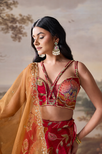 Deep Red emb Lehenga Set