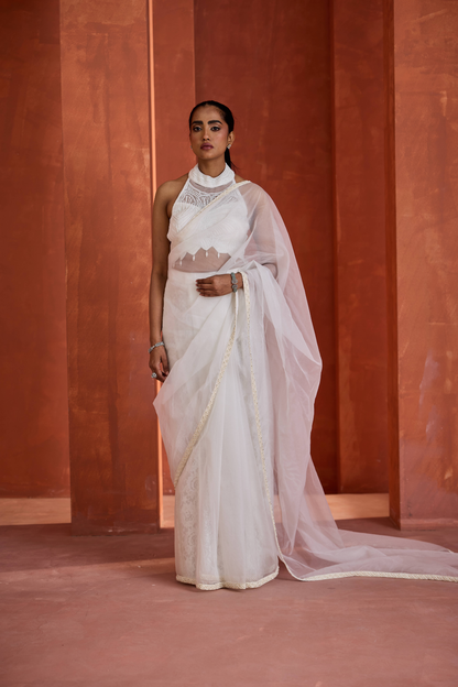 Ivory emb Blouse,stitched ready to wear saree