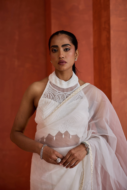 Ivory emb Blouse,stitched ready to wear saree