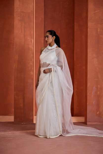 Ivory emb Blouse,stitched ready to wear saree