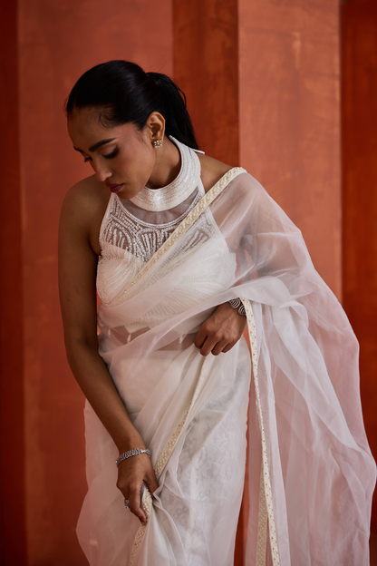 Ivory emb Blouse,stitched ready to wear saree