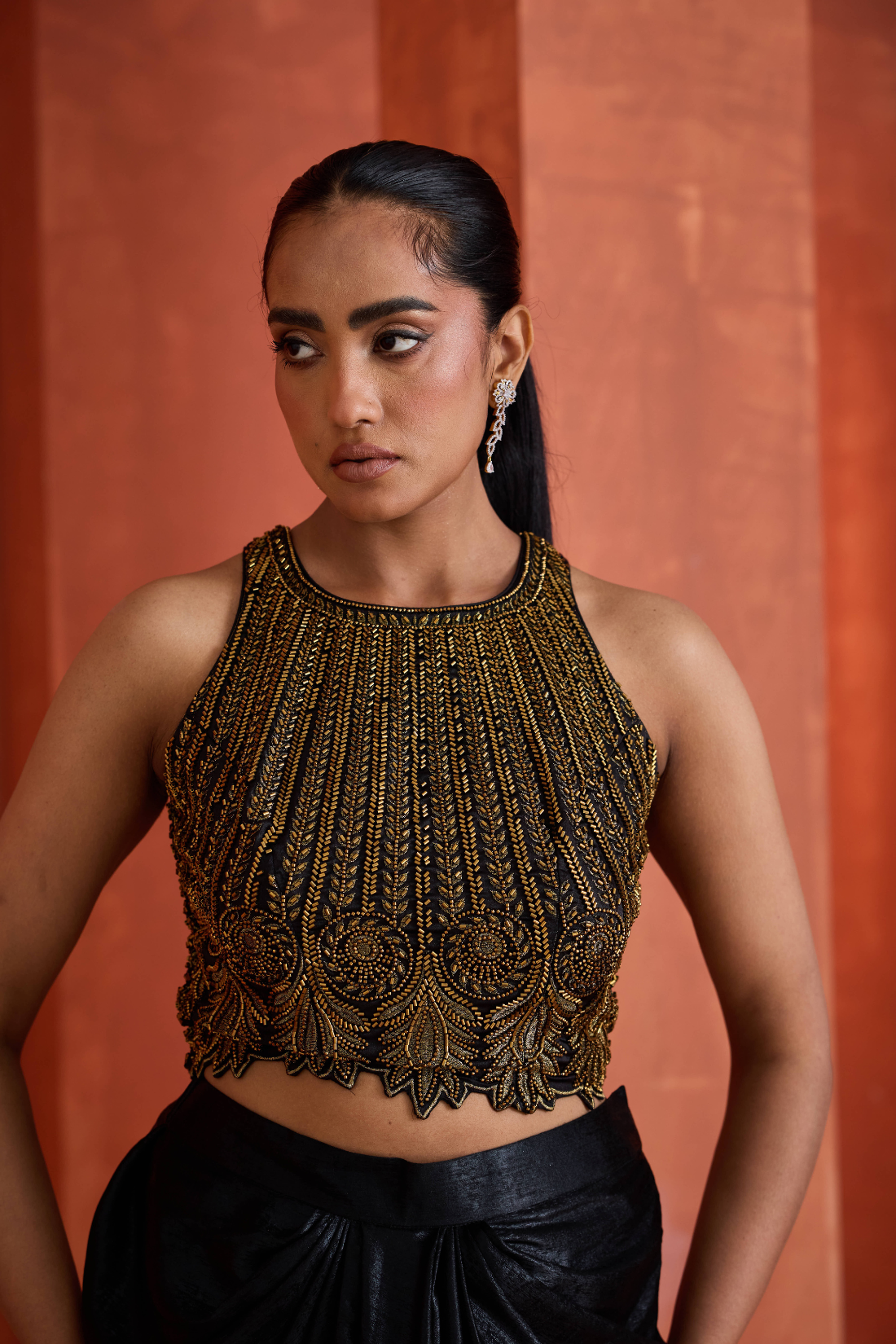 Gold emb blouse, Drape skirt