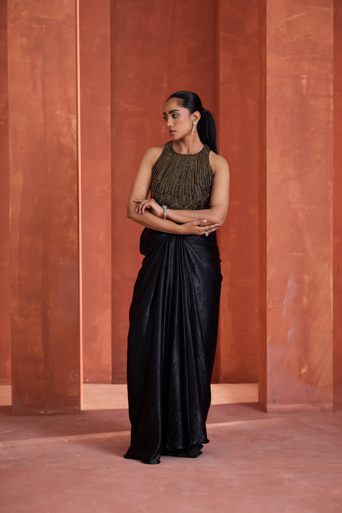 Gold emb blouse, Drape skirt