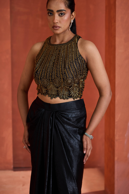 Gold emb blouse, Drape skirt