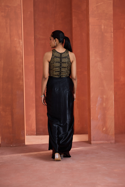 Gold emb blouse, Drape skirt