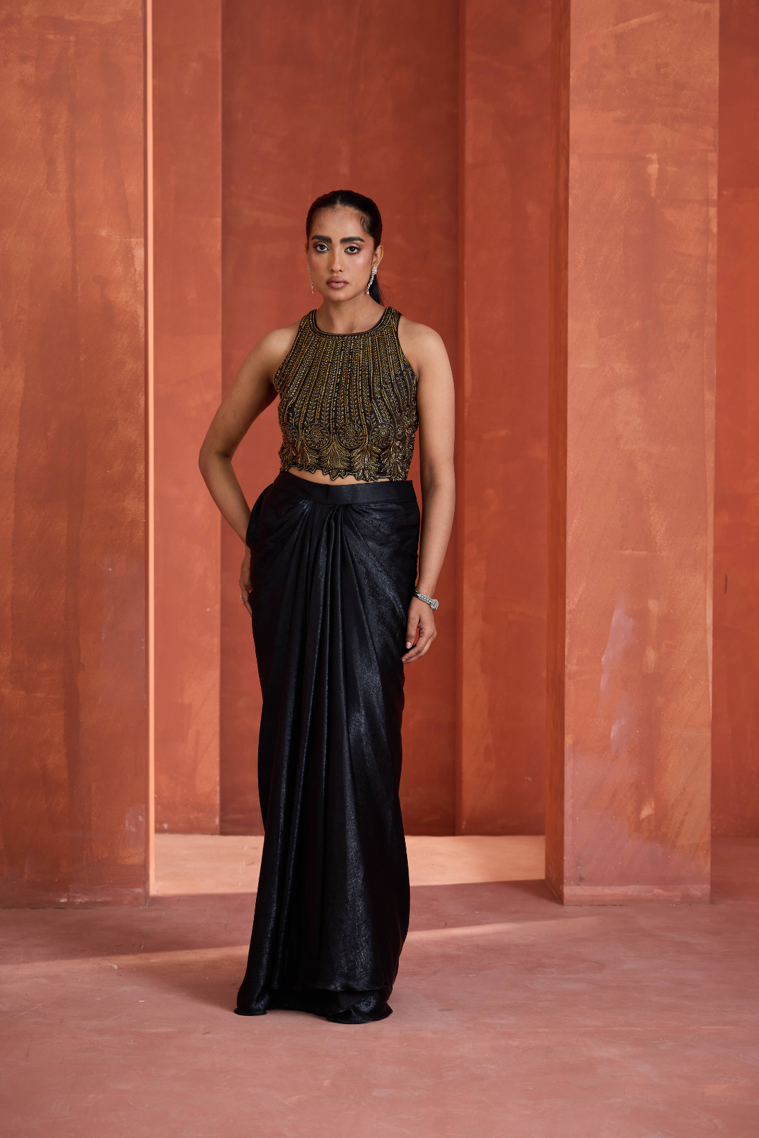 Gold emb blouse, Drape skirt