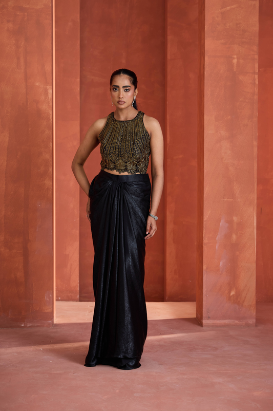 Gold emb blouse, Drape skirt