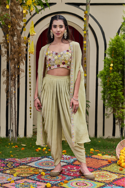 Sage Green Floral Bustier, Dhoti & Cape Set
