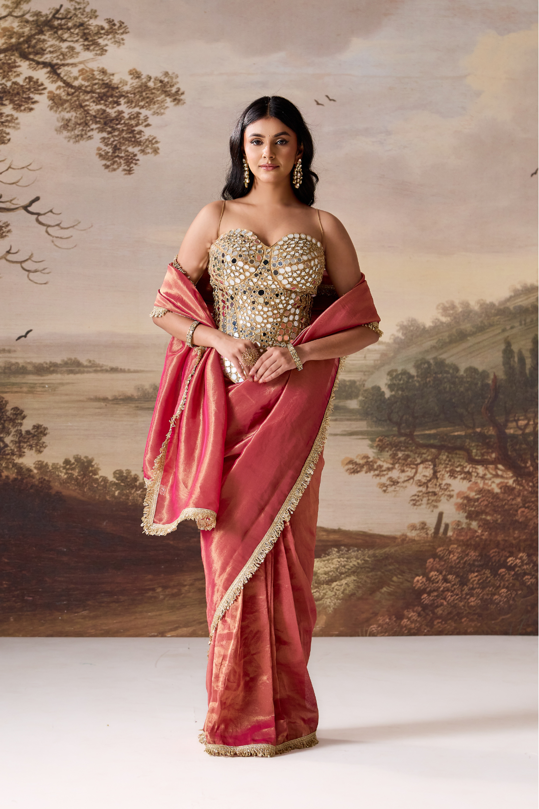 Fucsia emb Corset, stitched saree set