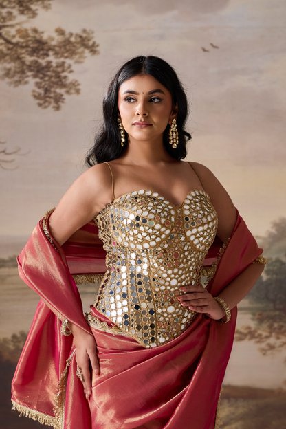 Fucsia emb Corset, stitched saree set