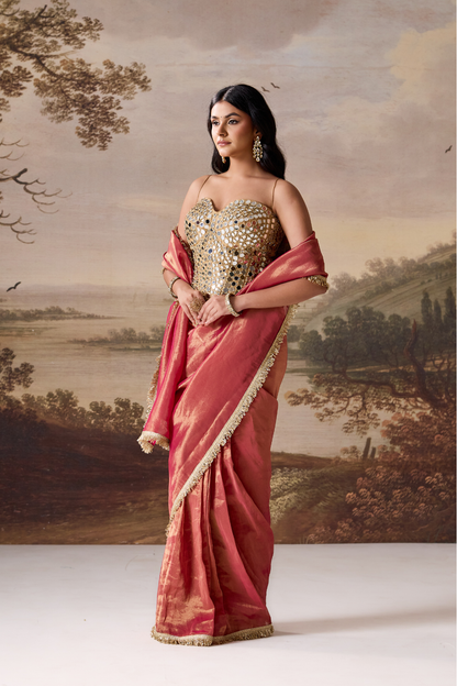 Fucsia emb Corset, stitched saree set
