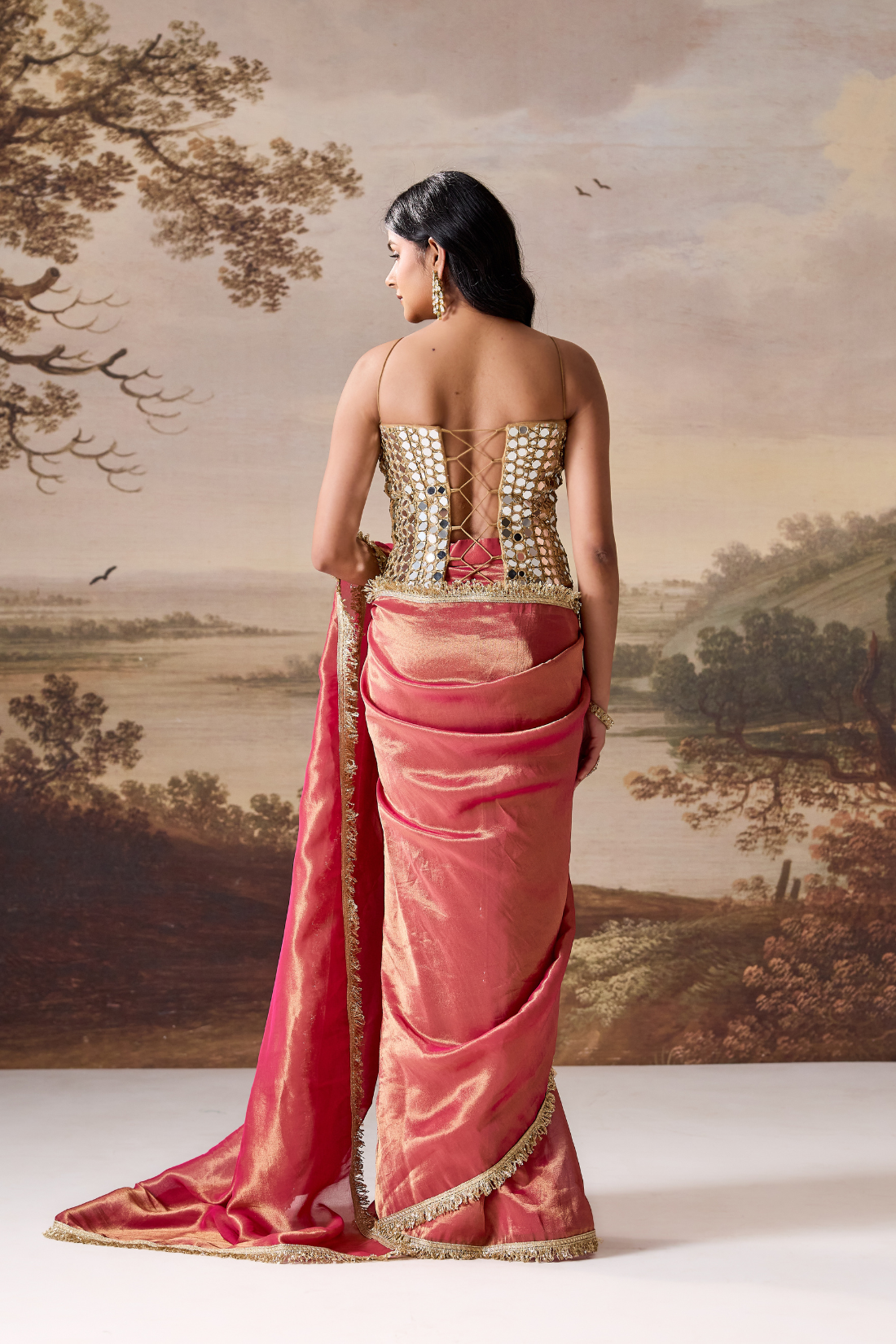 Fucsia emb Corset, stitched saree set
